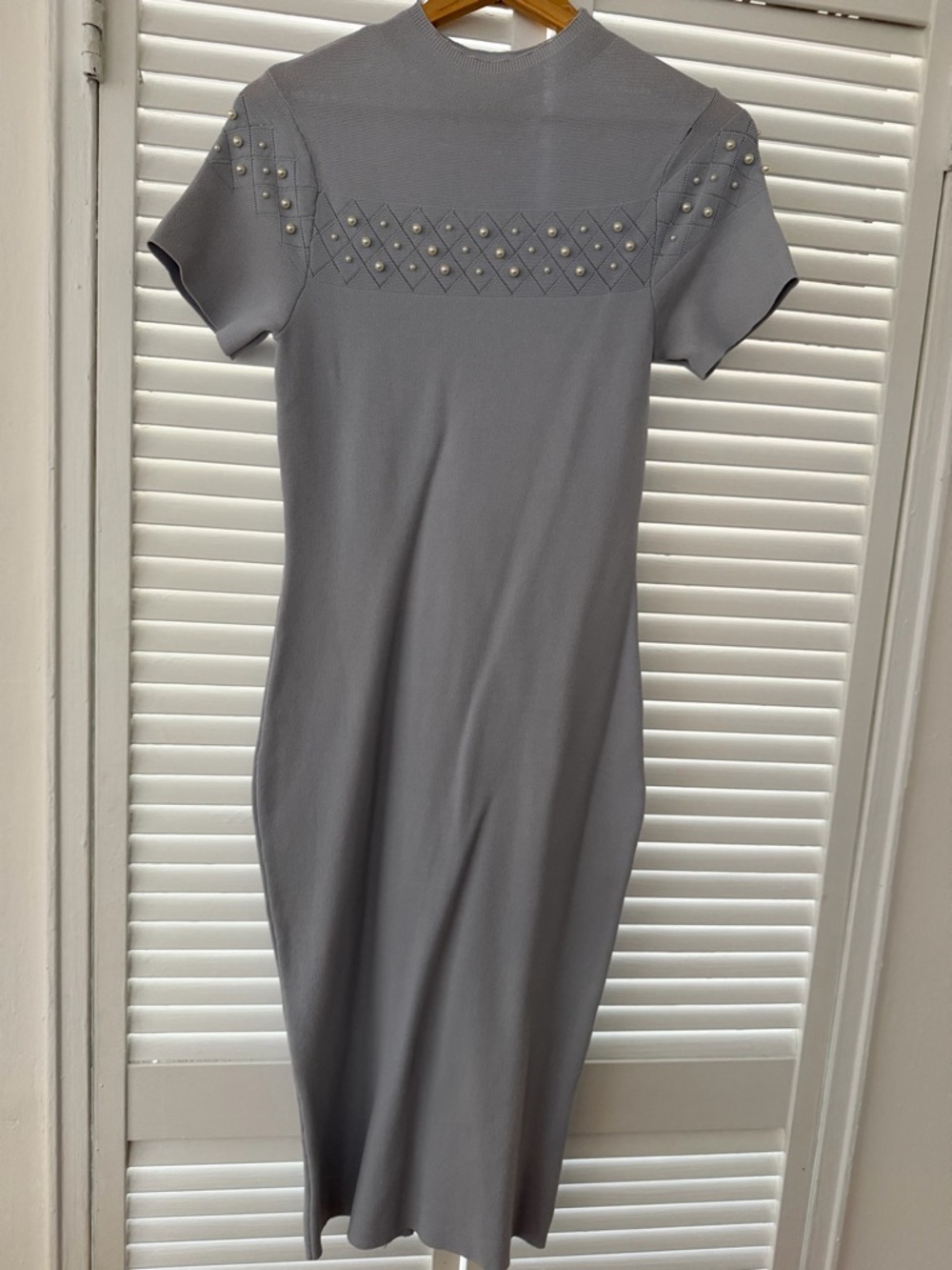 eva mendes for New York & Company Grey Pearl-Embellished Midi Dress